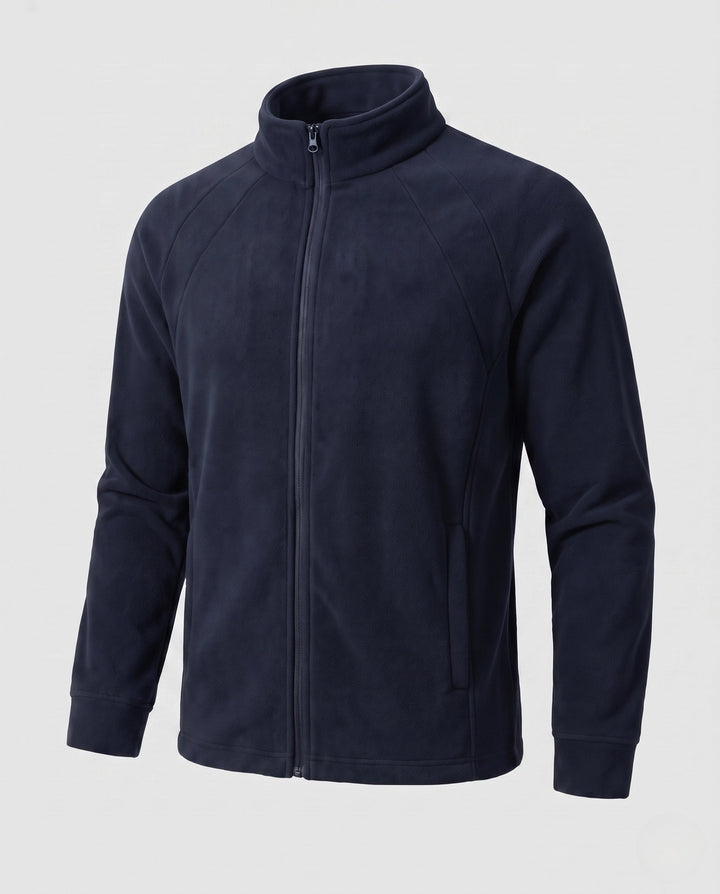 Men's fleece trekking jacket with stand-up collar, raglan sleeves, and concealed zipper
