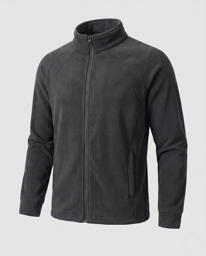 Men's fleece trekking jacket with stand-up collar, raglan sleeves, and concealed zipper