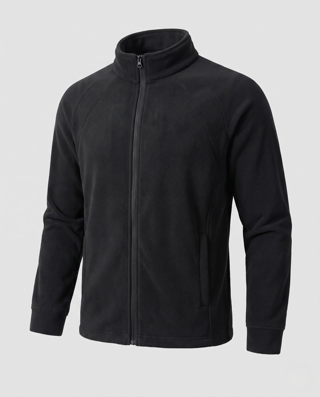 Men's fleece trekking jacket with stand-up collar, raglan sleeves, and concealed zipper