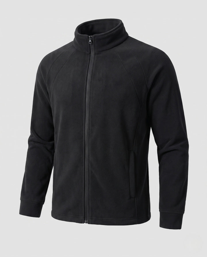 Men's fleece trekking jacket with stand-up collar, raglan sleeves, and concealed zipper