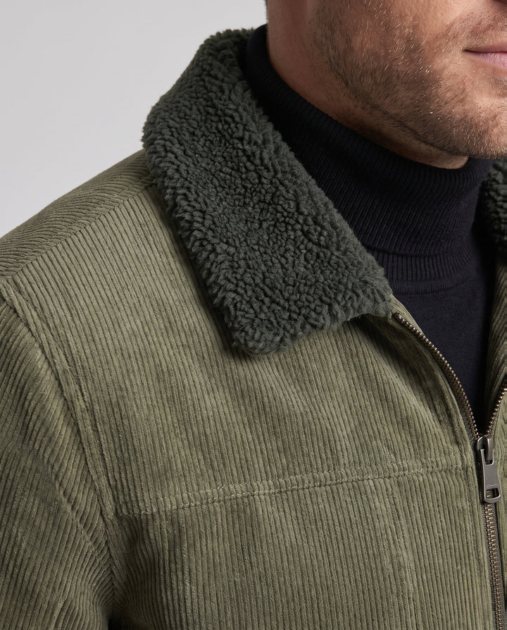 Men's padded cord jacket with Sherpa collar, zipper and patch breast pockets