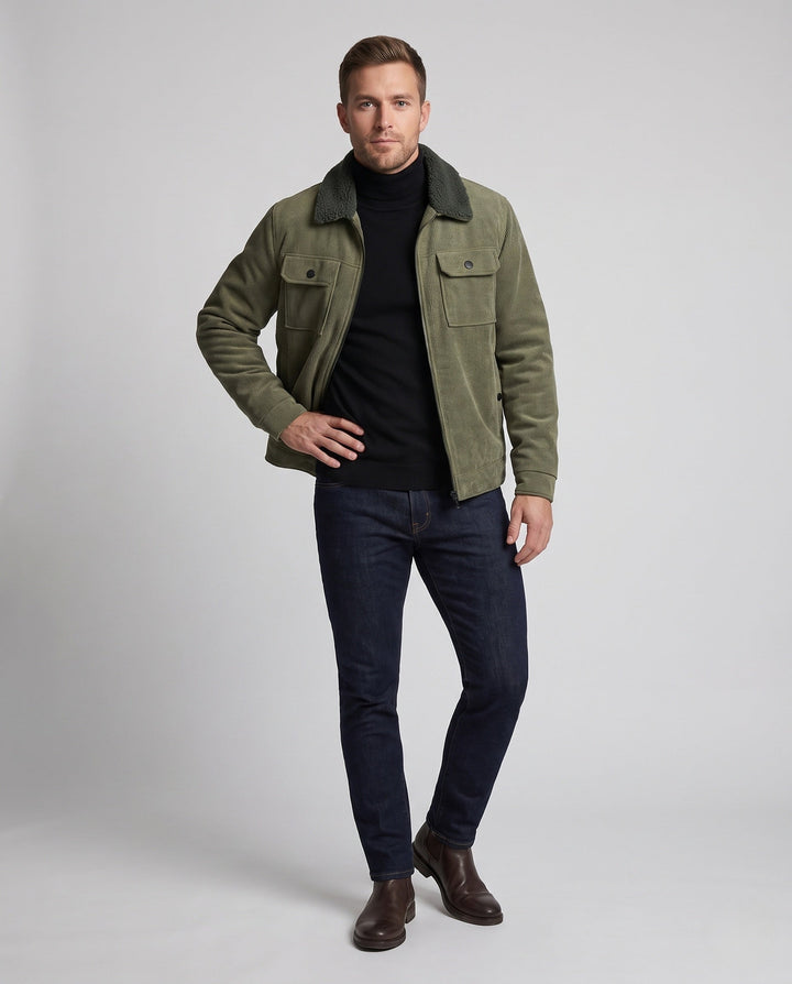 Men's padded cord jacket with Sherpa collar, zipper and patch breast pockets