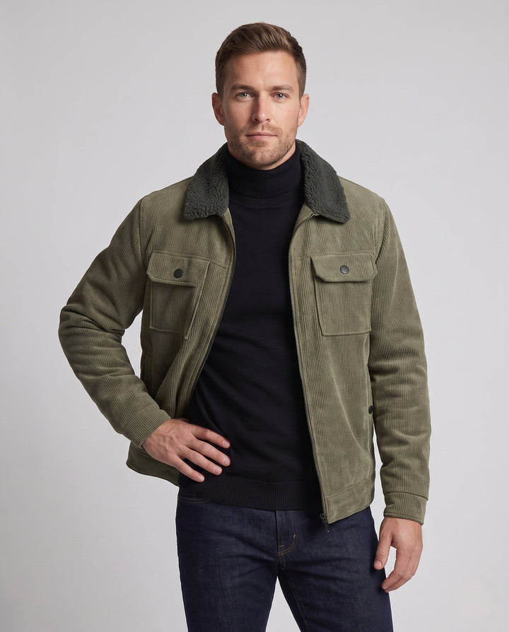 Men's padded cord jacket with Sherpa collar, zipper and patch breast pockets