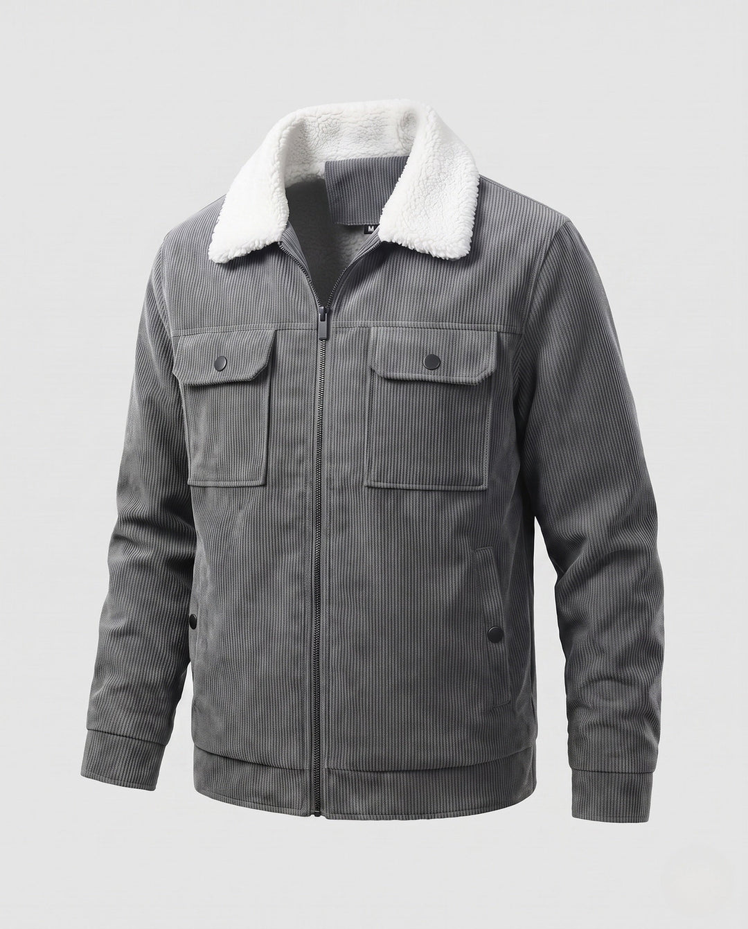 Men's padded cord jacket with Sherpa collar, zipper and patch breast pockets