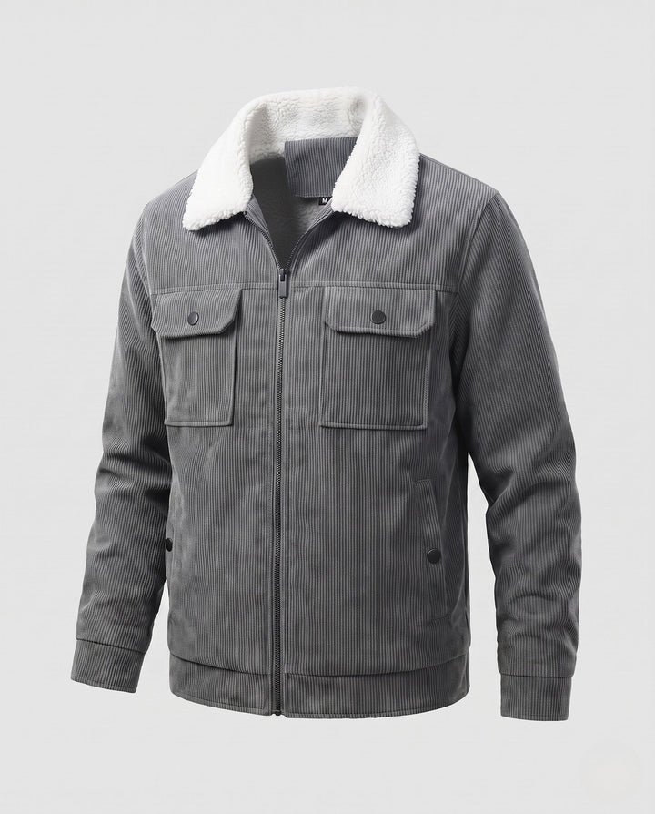 Men's padded cord jacket with Sherpa collar, zipper and patch breast pockets