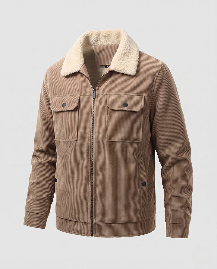 Men's padded cord jacket with Sherpa collar, zipper and patch breast pockets