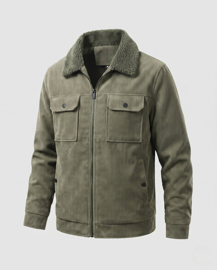 Men's padded cord jacket with Sherpa collar, zipper and patch breast pockets