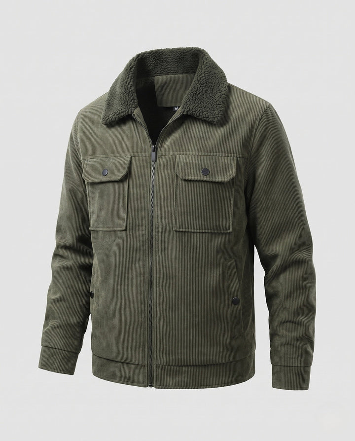 Men's padded cord jacket with Sherpa collar, zipper and patch breast pockets