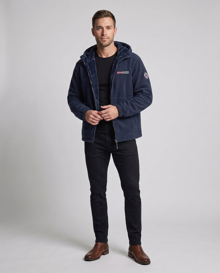 Men's insulated fleece hoodie with teddy lining, concealed zipper and elastic cuffs