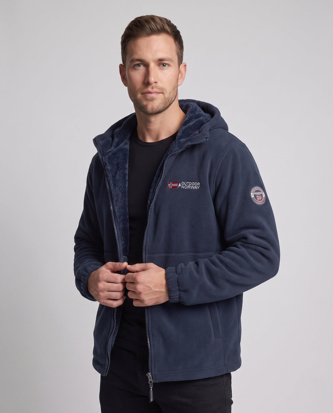 Men's insulated fleece hoodie with teddy lining, concealed zipper and elastic cuffs