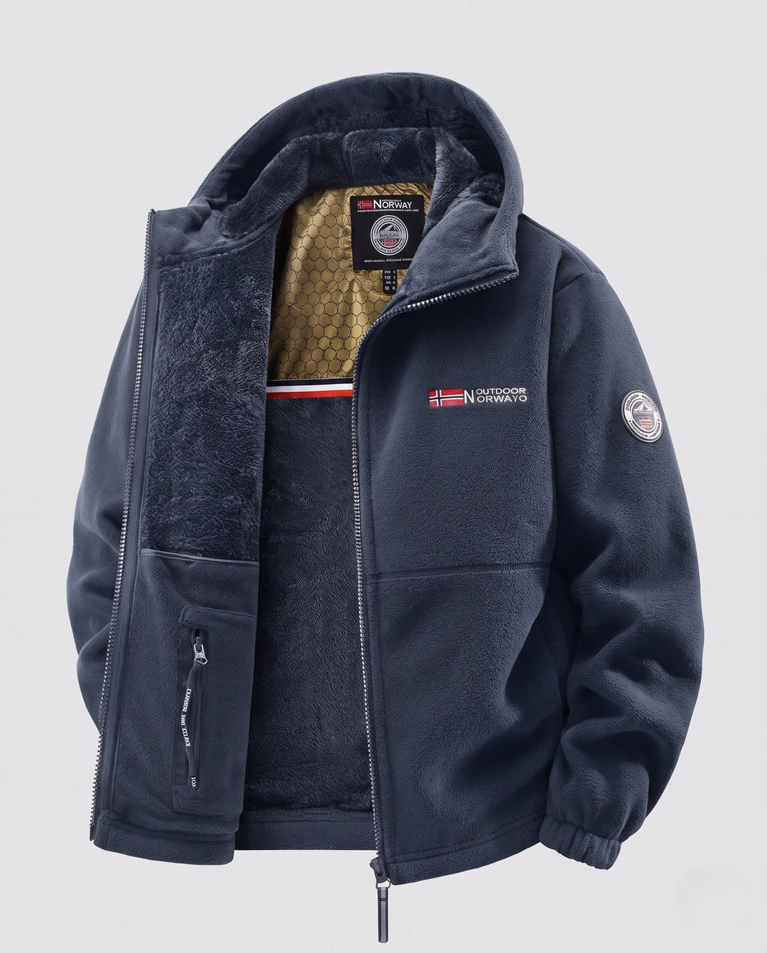 Men's insulated fleece hoodie with teddy lining, concealed zipper and elastic cuffs