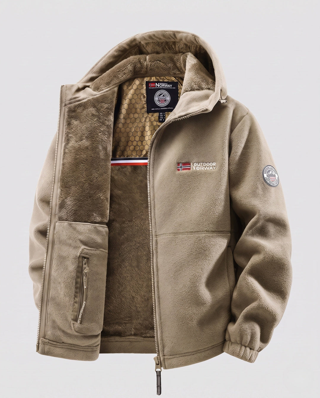 Men's insulated fleece hoodie with teddy lining, concealed zipper and elastic cuffs