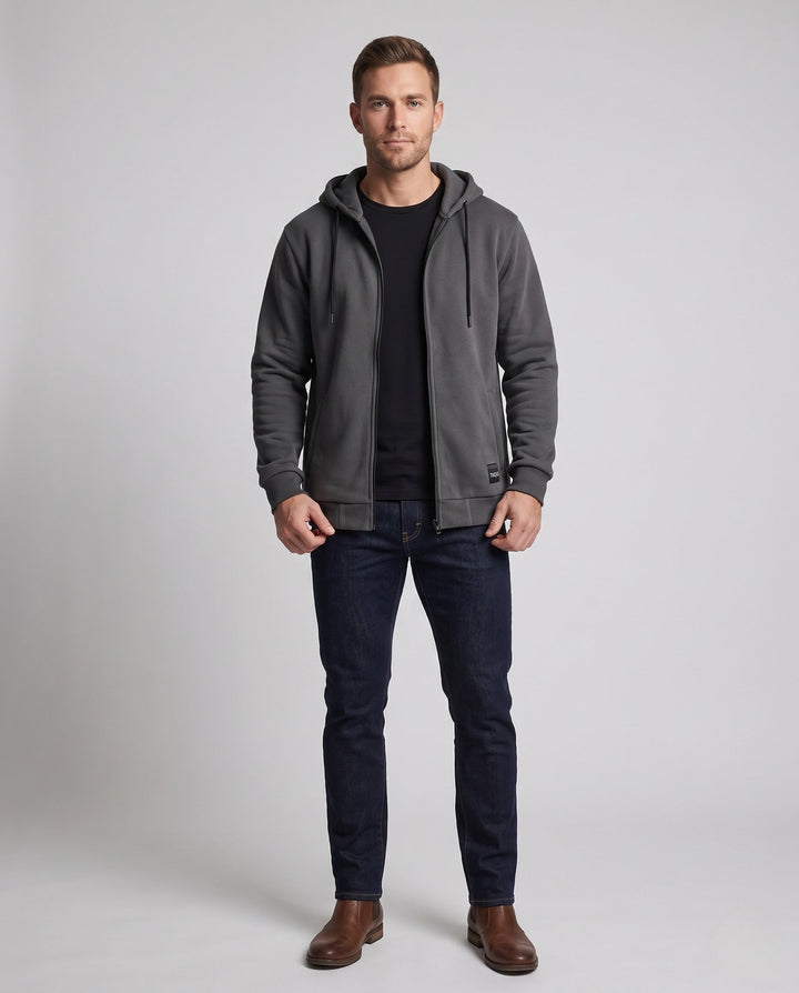 Men's padded hooded sweat jacket with full zip and soft microfleece