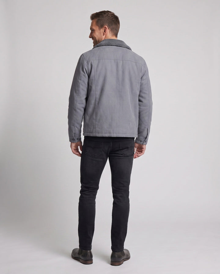 Men's insulated teddy fleece work jacket with stand-up collar and chest flap pocket