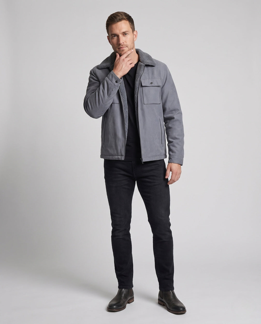Men's insulated teddy fleece work jacket with stand-up collar and chest flap pocket