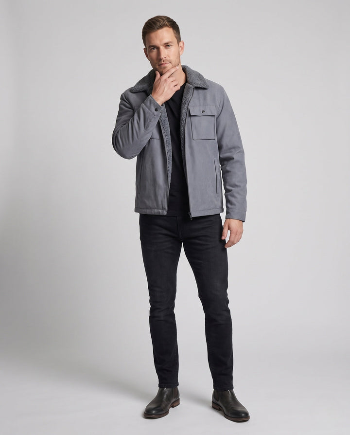 Men's insulated teddy fleece work jacket with stand-up collar and chest flap pocket