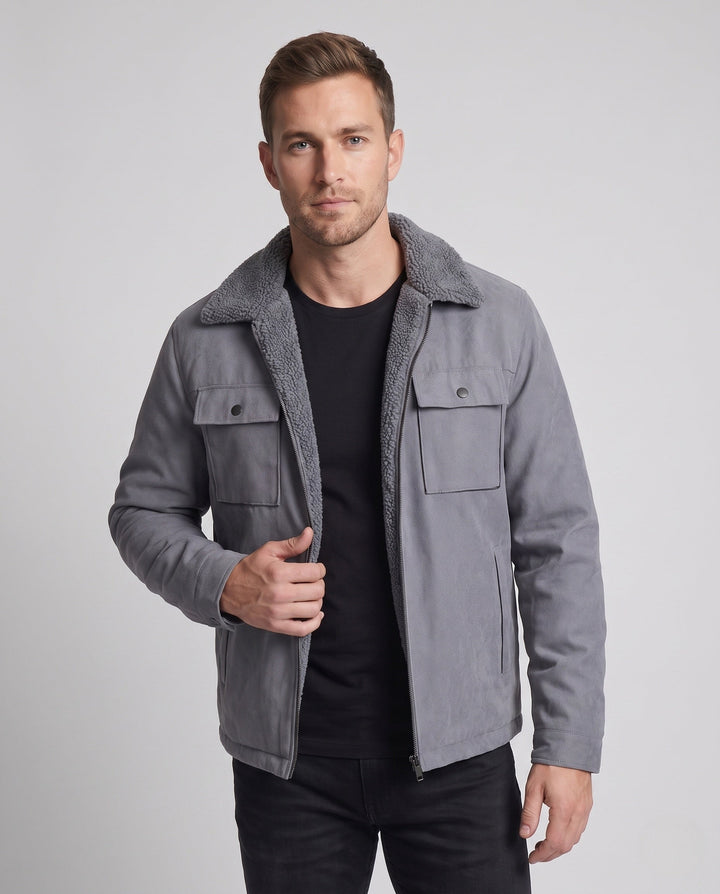 Men's insulated teddy fleece work jacket with stand-up collar and chest flap pocket