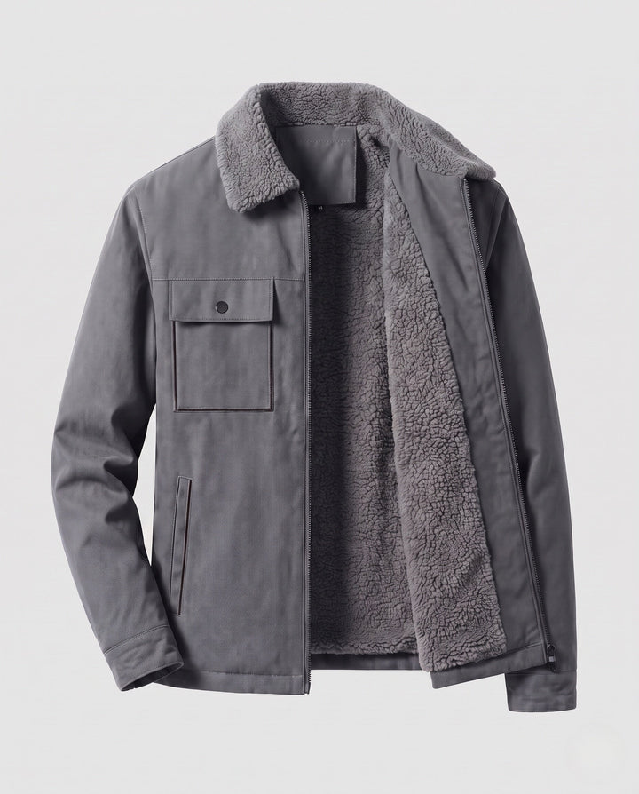 Men's insulated teddy fleece work jacket with stand-up collar and chest flap pocket