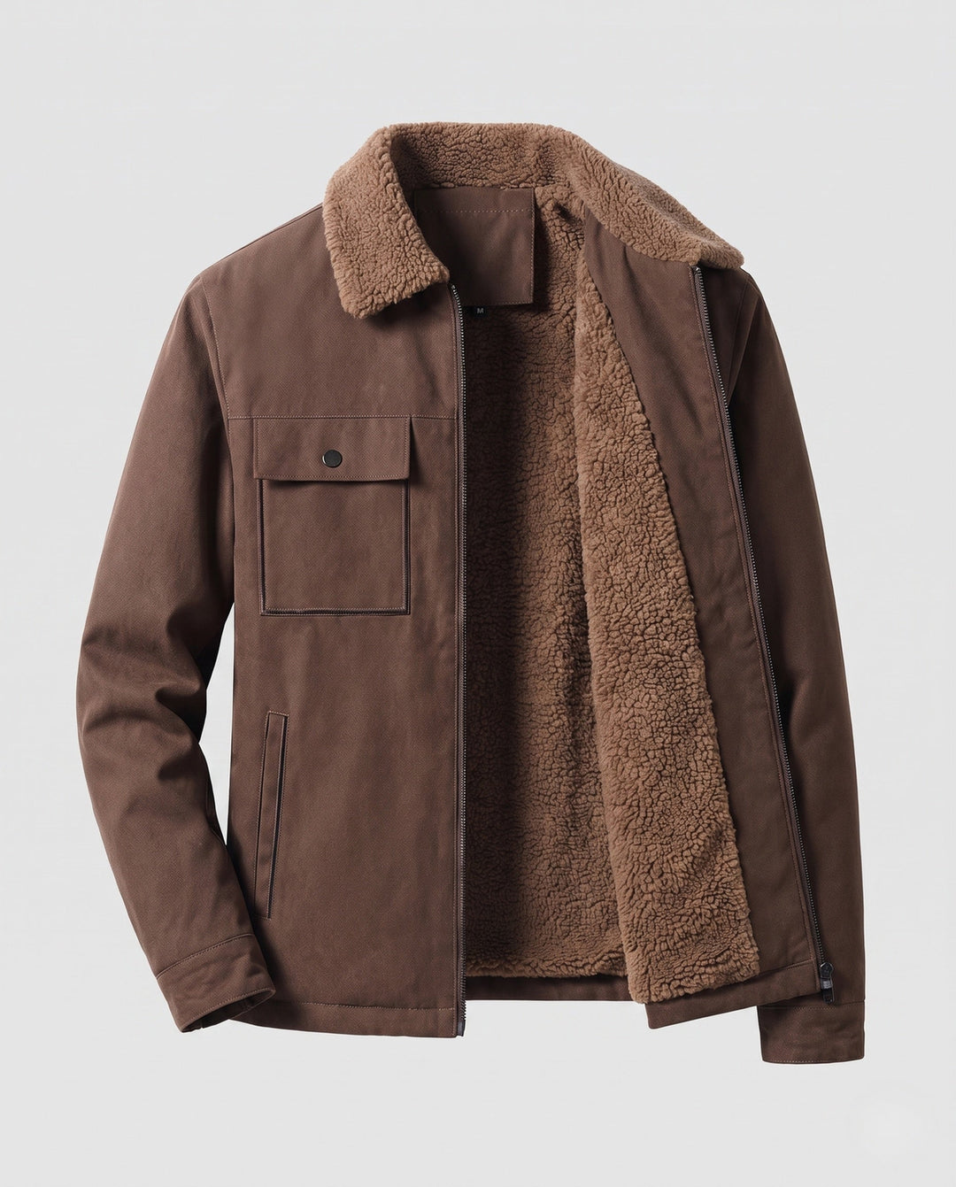 Men's insulated teddy fleece work jacket with stand-up collar and chest flap pocket
