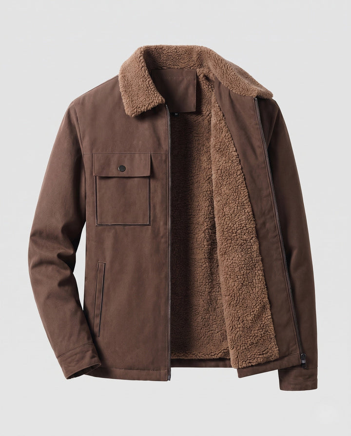 Men's insulated teddy fleece work jacket with stand-up collar and chest flap pocket