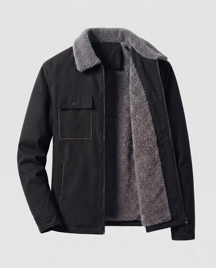 Men's insulated teddy fleece work jacket with stand-up collar and chest flap pocket