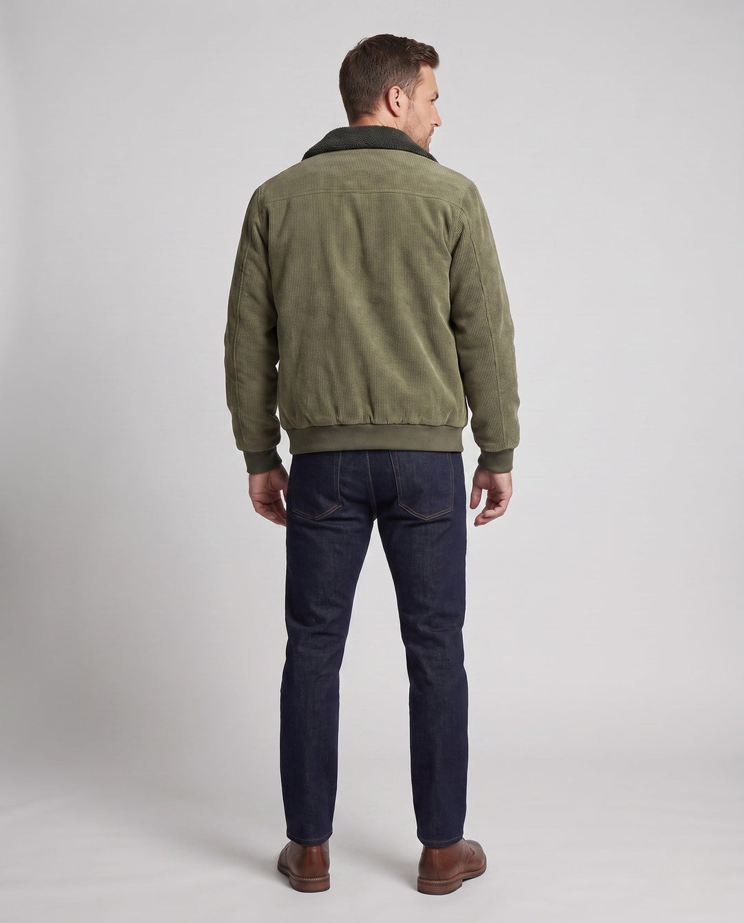 Men's padded cord jacket with teddy interior lining, stand-up collar and concealed zipper