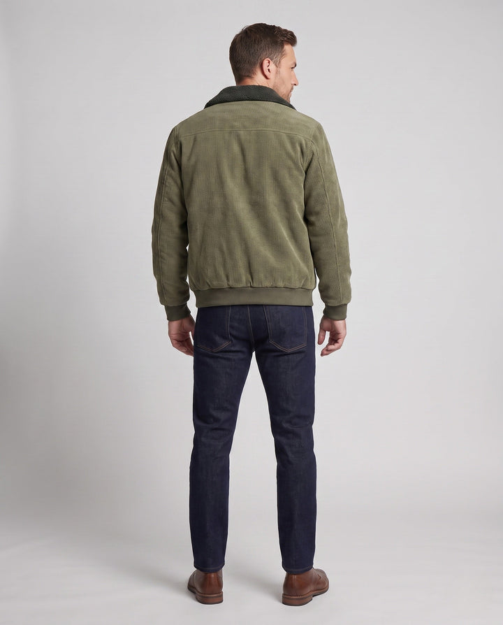 Men's padded cord jacket with teddy interior lining, stand-up collar and concealed zipper