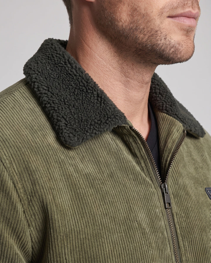 Men's padded cord jacket with teddy interior lining, stand-up collar and concealed zipper