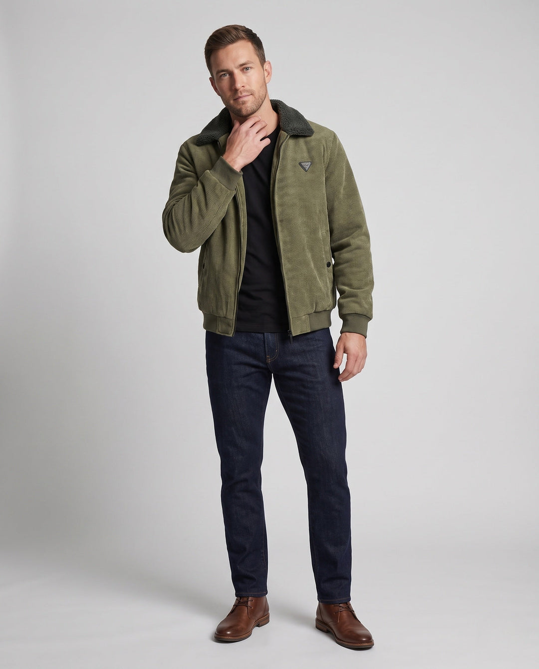 Men's padded cord jacket with teddy interior lining, stand-up collar and concealed zipper