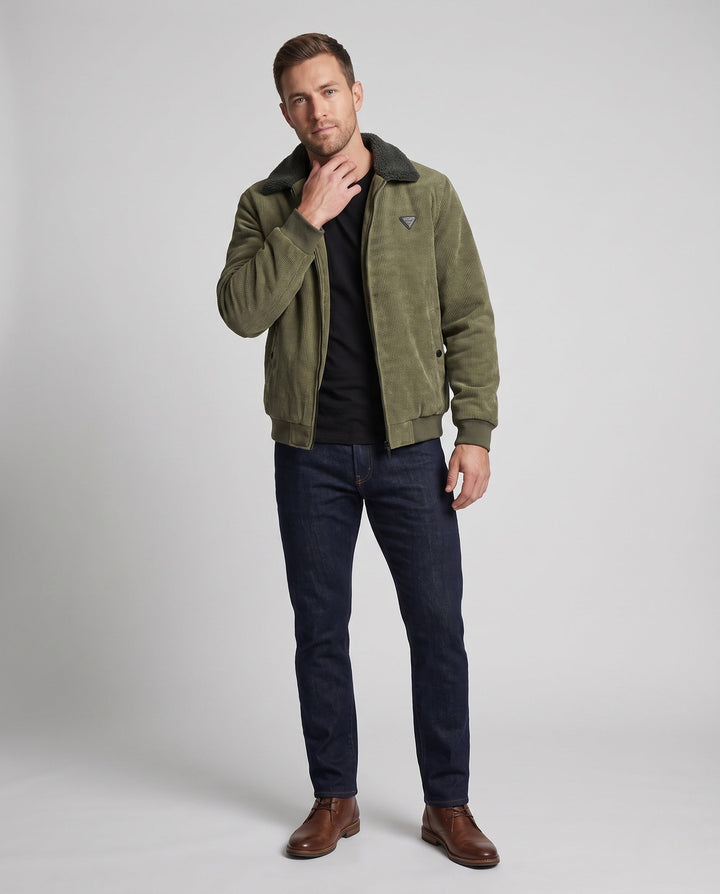 Men's padded cord jacket with teddy interior lining, stand-up collar and concealed zipper