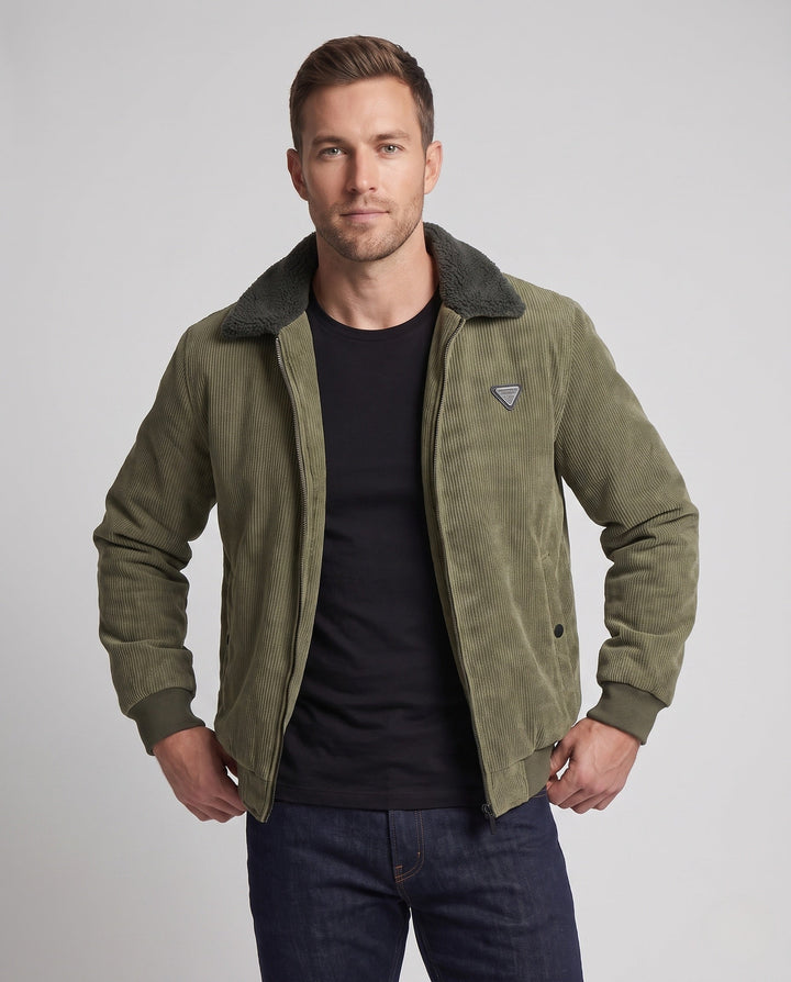 Men's padded cord jacket with teddy interior lining, stand-up collar and concealed zipper