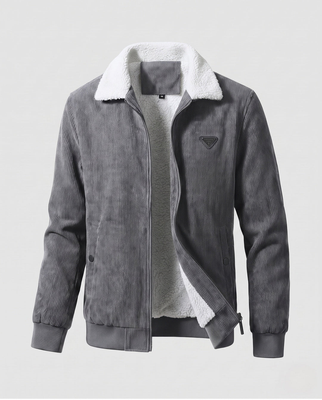 Men's padded cord jacket with teddy interior lining, stand-up collar and concealed zipper