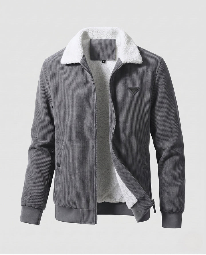 Men's padded cord jacket with teddy interior lining, stand-up collar and concealed zipper