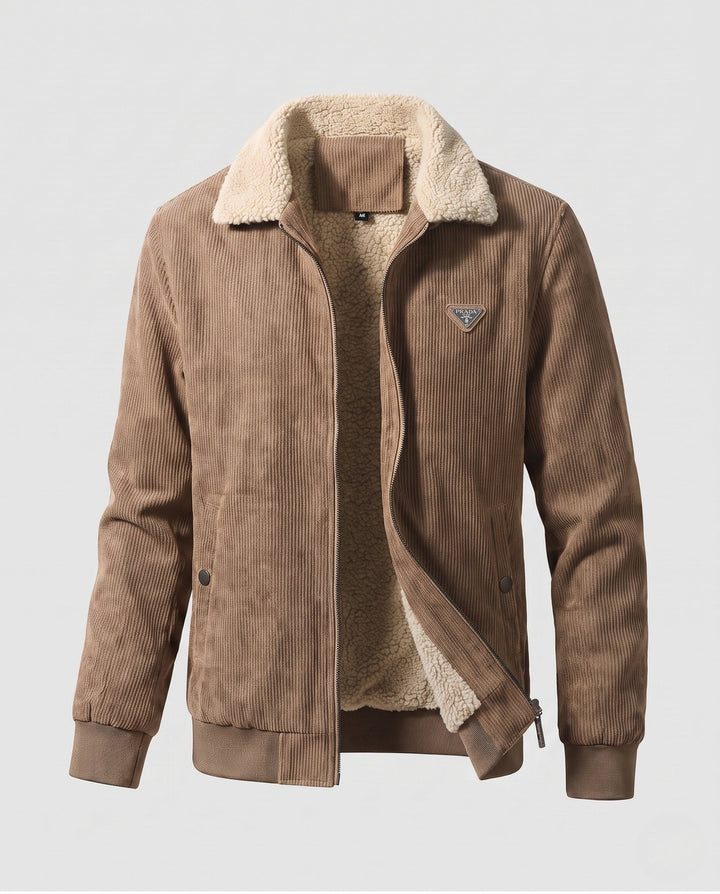 Men's padded cord jacket with teddy interior lining, stand-up collar and concealed zipper