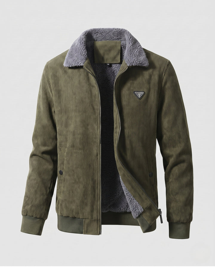 Men's padded cord jacket with teddy interior lining, stand-up collar and concealed zipper