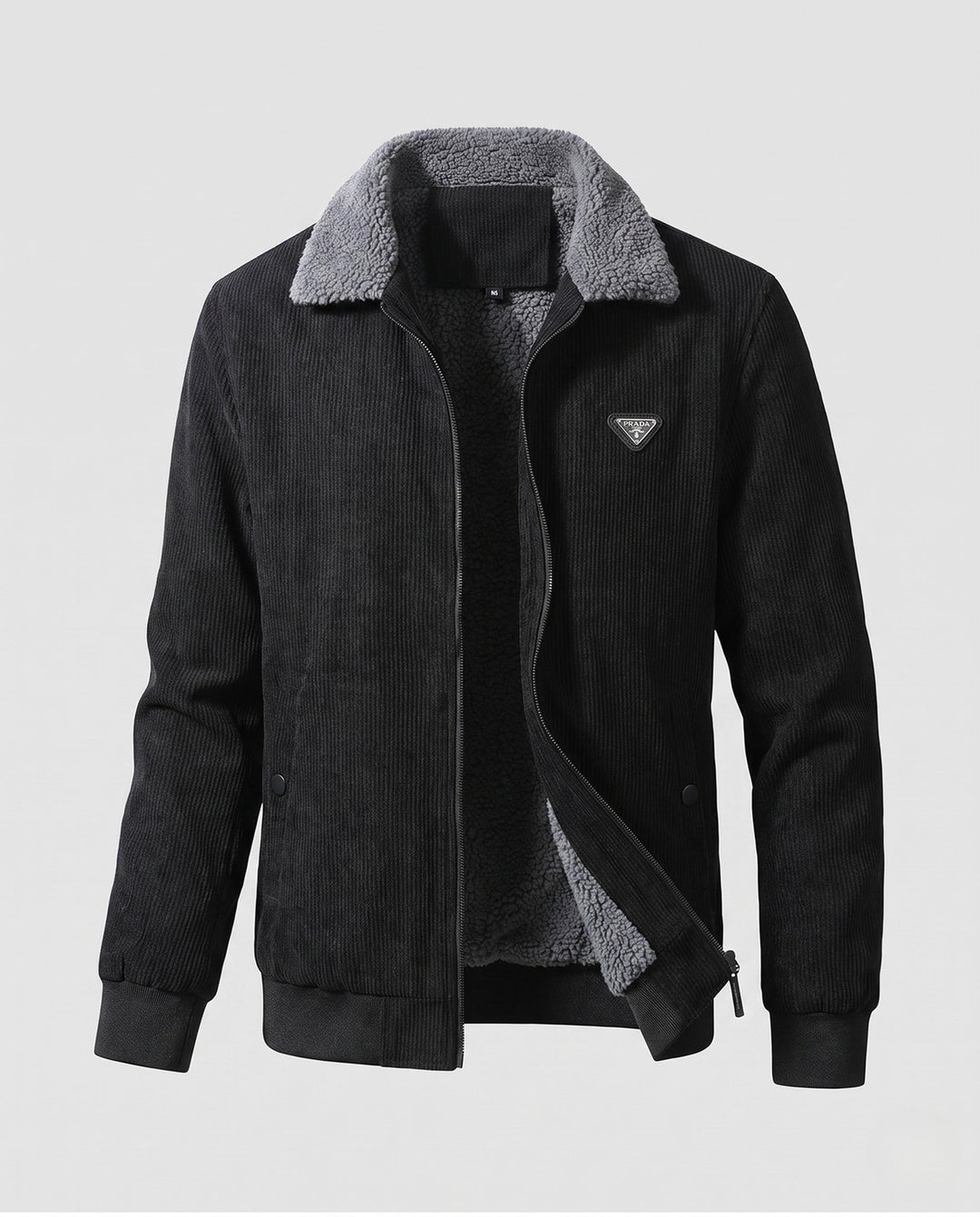 Men's padded cord jacket with teddy interior lining, stand-up collar and concealed zipper