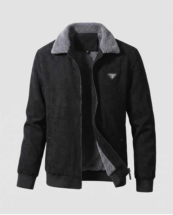 Men's padded cord jacket with teddy interior lining, stand-up collar and concealed zipper