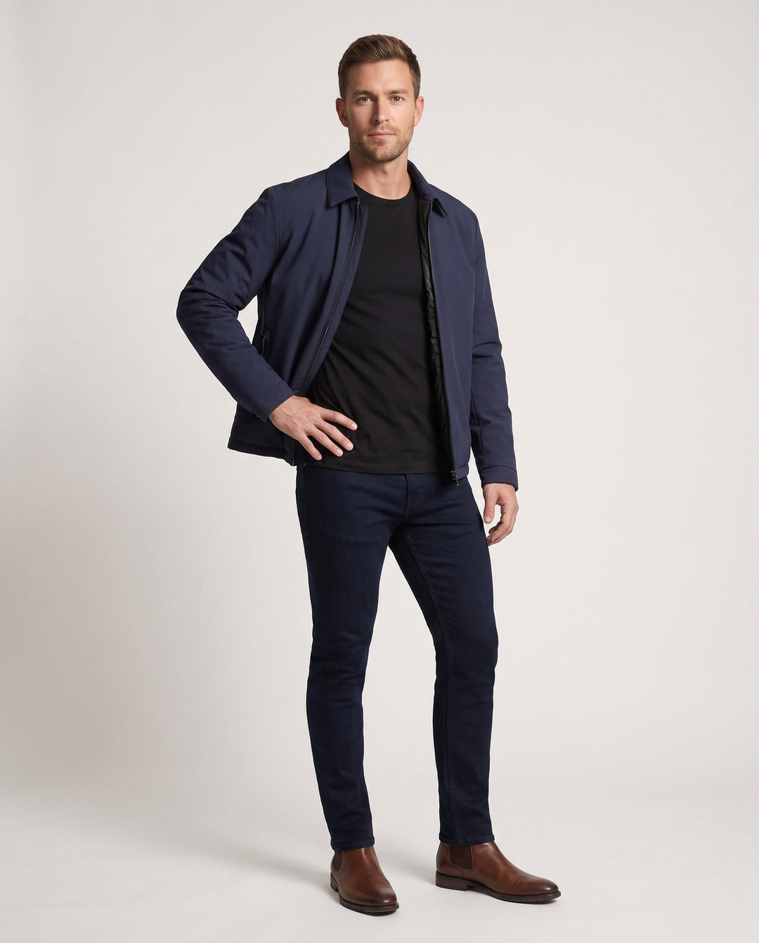 Men's quilted down jacket with minimalist outer shell and stand-up collar
