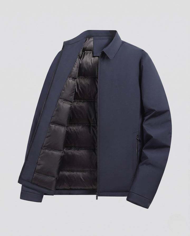 Men's quilted down jacket with minimalist outer shell and stand-up collar