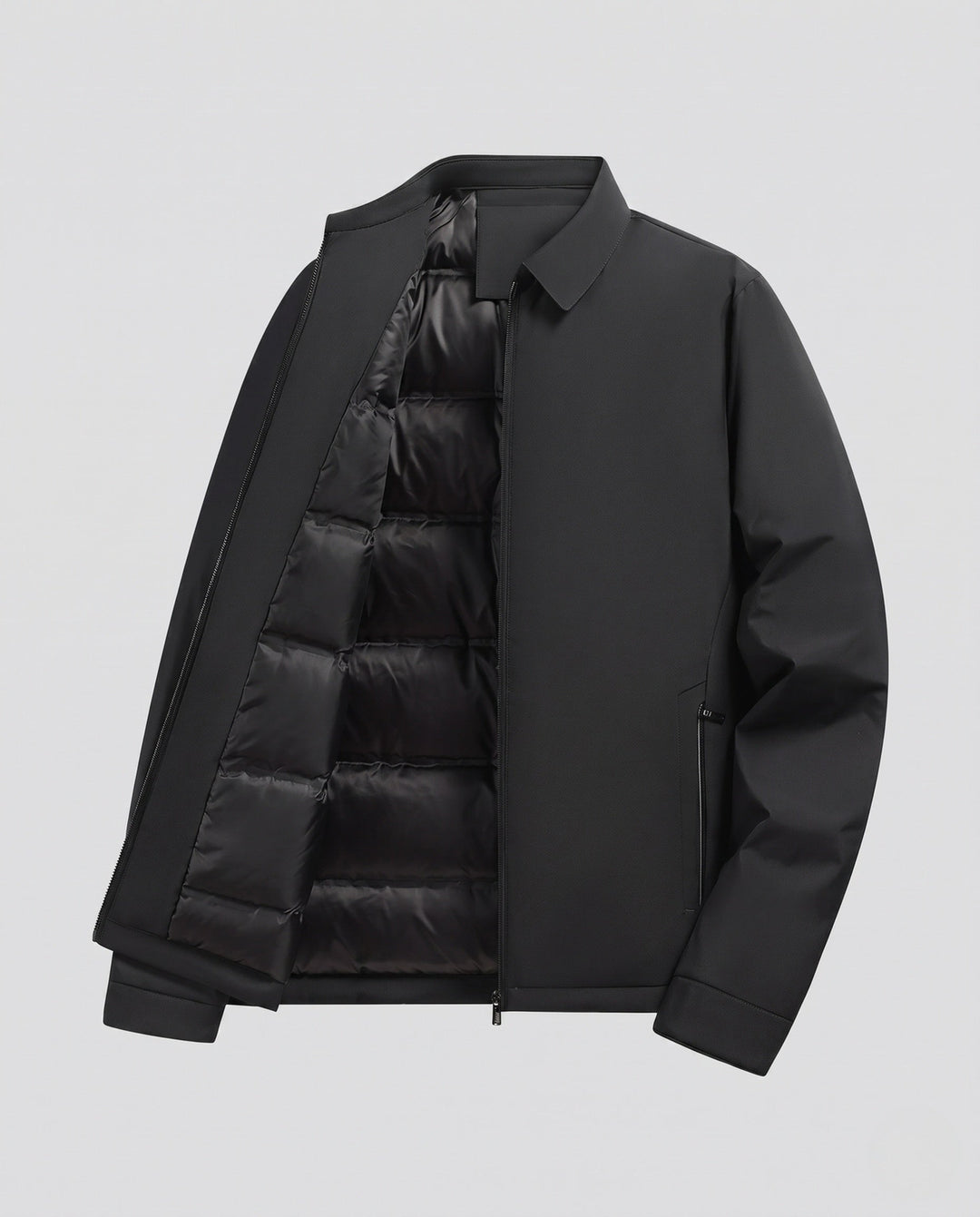 Men's quilted down jacket with minimalist outer shell and stand-up collar