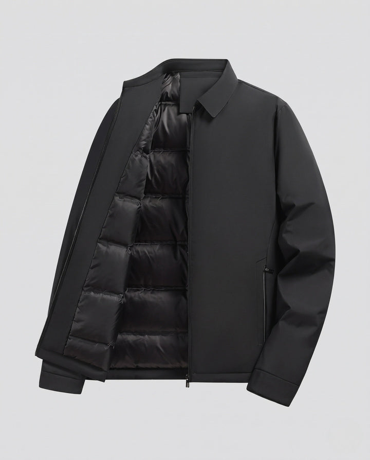 Men's quilted down jacket with minimalist outer shell and stand-up collar
