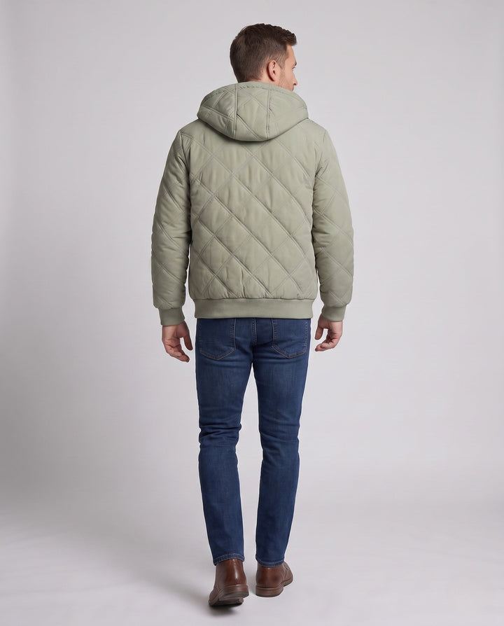 Men's quilted hooded jacket with thick teddy lining, diamond quilting, and windproof outer membrane