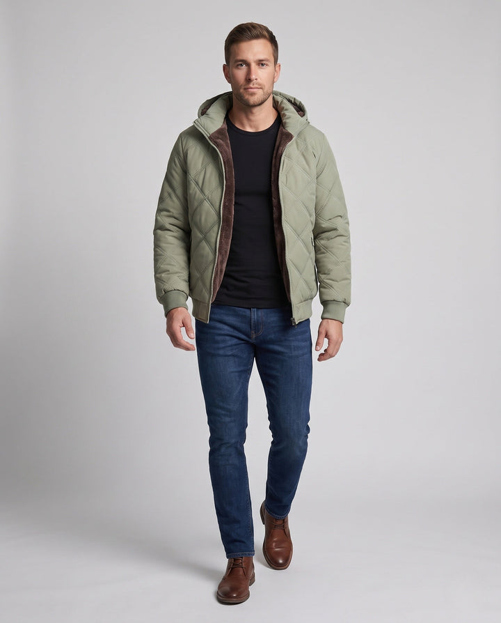 Men's quilted hooded jacket with thick teddy lining, diamond quilting, and windproof outer membrane