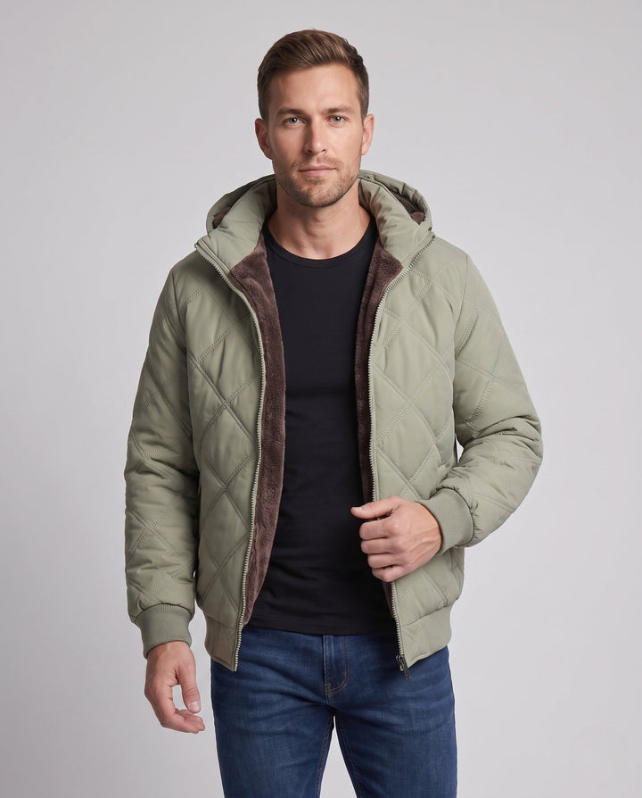 Men's quilted hooded jacket with thick teddy lining, diamond quilting, and windproof outer membrane