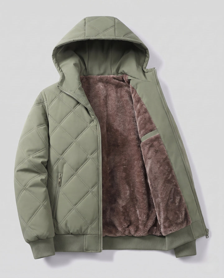 Men's quilted hooded jacket with thick teddy lining, diamond quilting, and windproof outer membrane