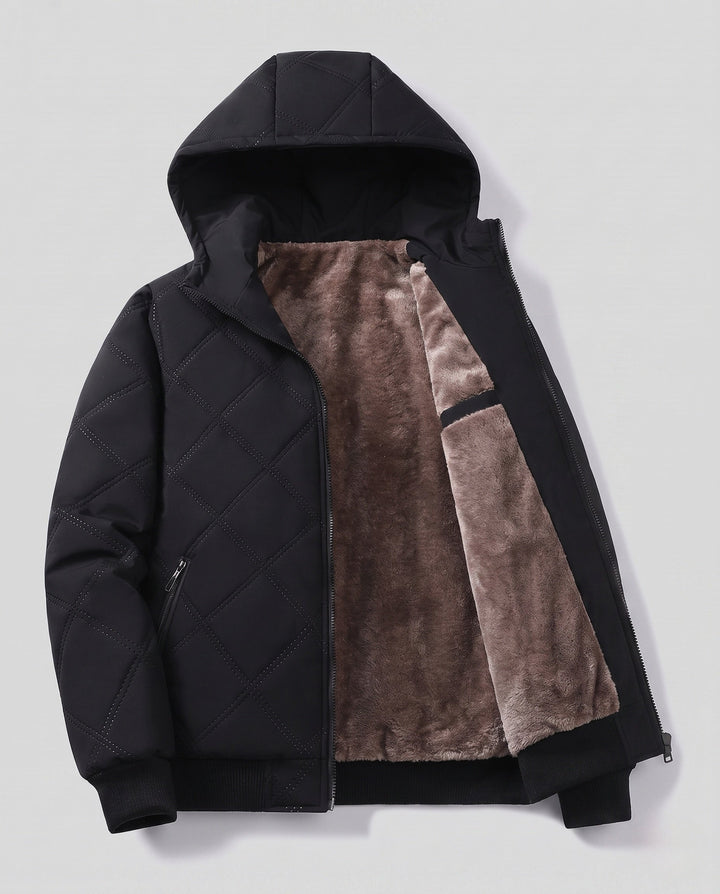 Men's quilted hooded jacket with thick teddy lining, diamond quilting, and windproof outer membrane