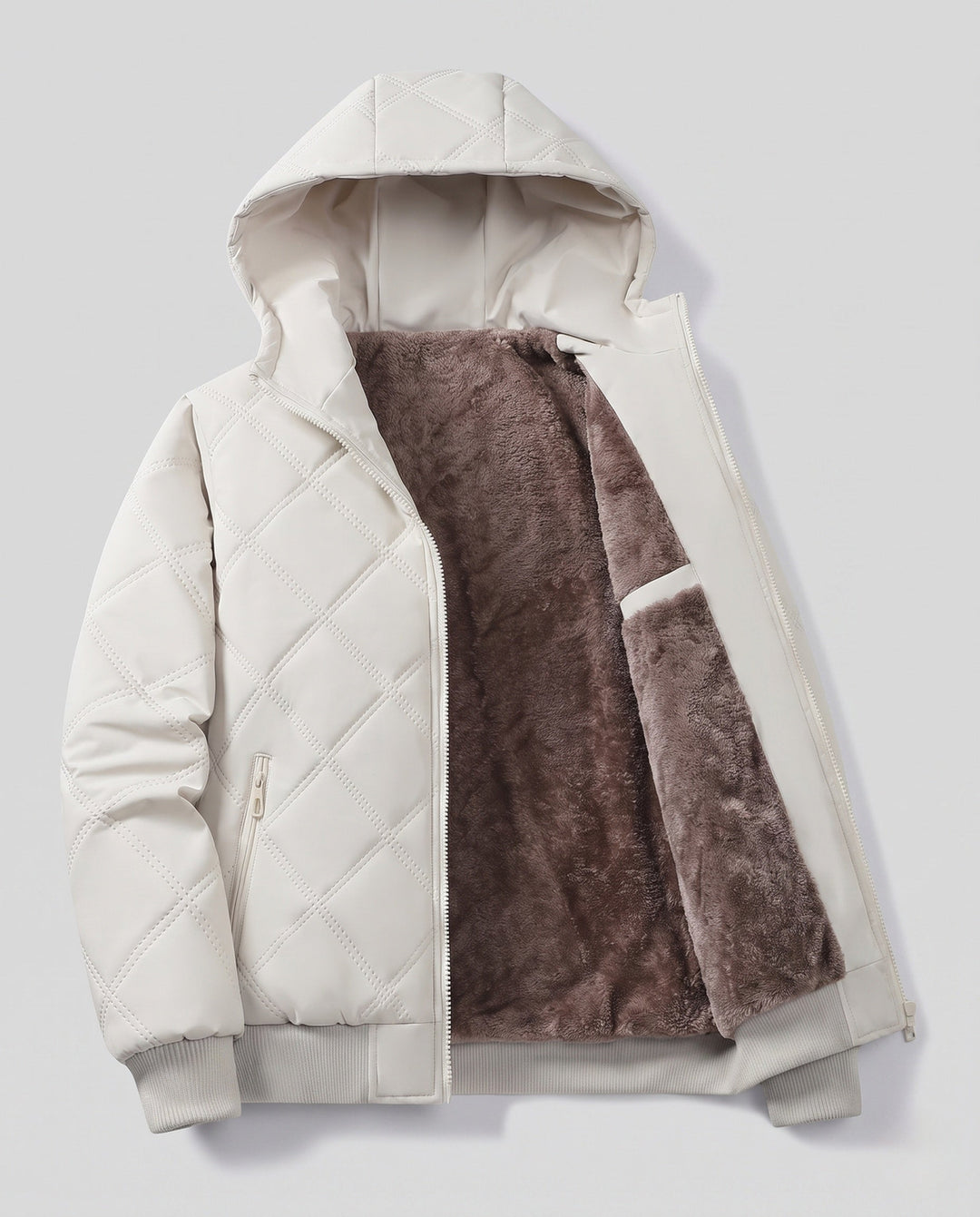 Men's quilted hooded jacket with thick teddy lining, diamond quilting, and windproof outer membrane