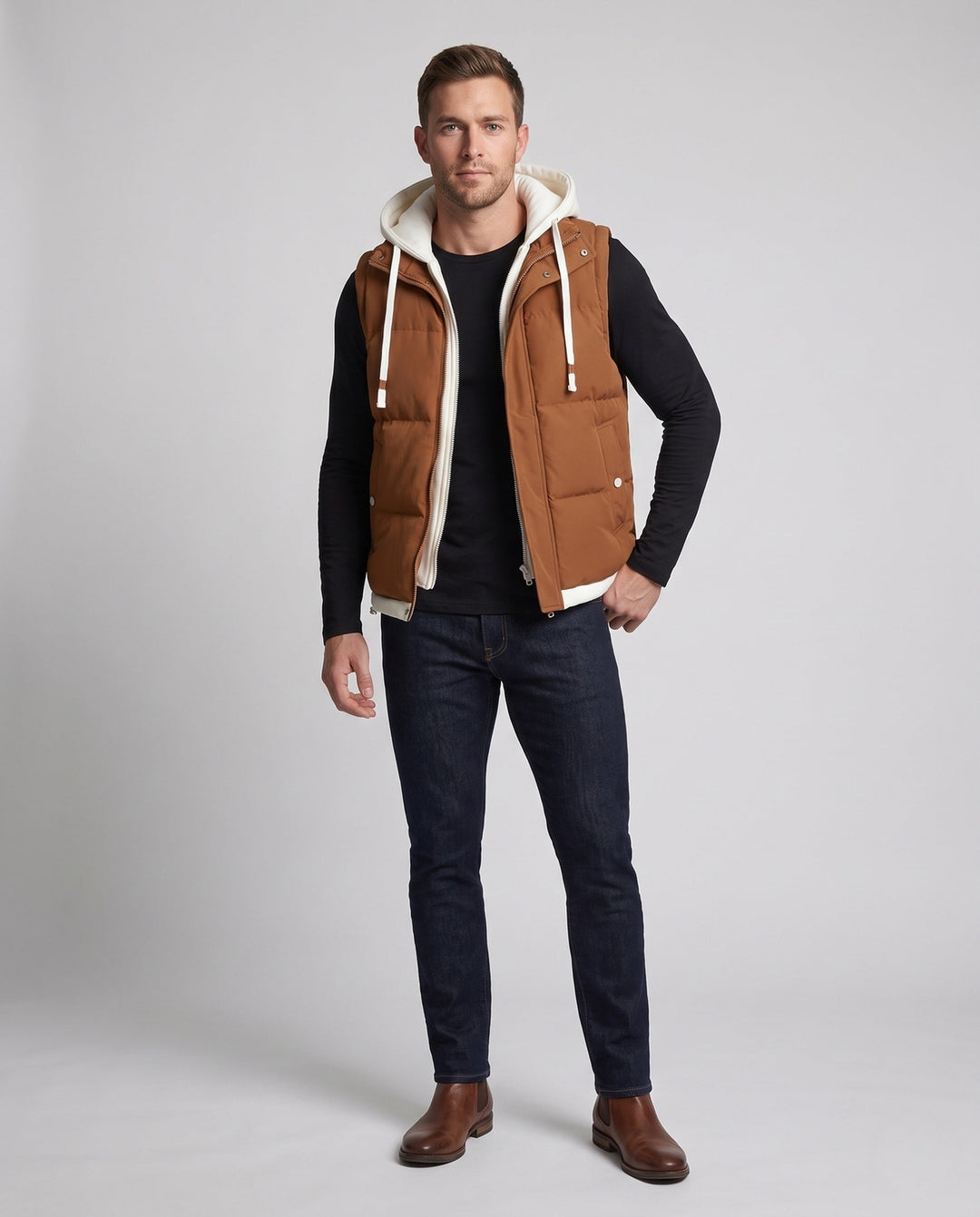 Men's quilted hooded vest in layer look with soft fleece lining