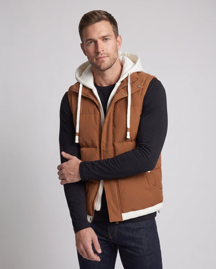 Men's quilted hooded vest in layer look with soft fleece lining