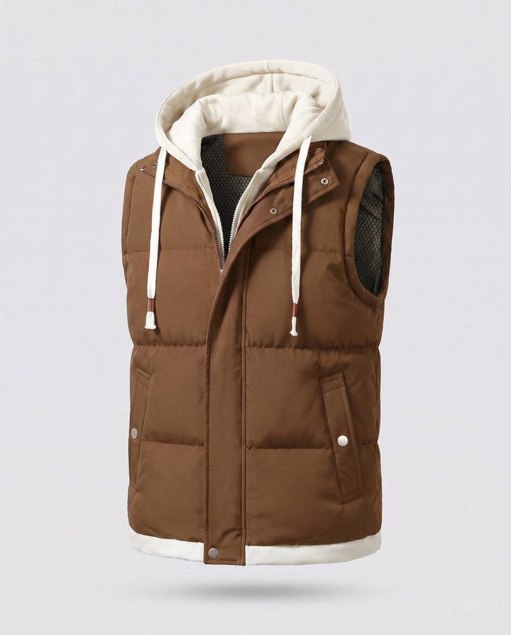 Men's quilted hooded vest in layer look with soft fleece lining